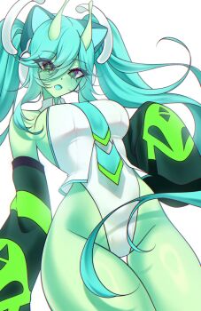 1girl alien alien_print animal_ears antennae aqua_hair aqua_necktie aqua_tongue bare_hips breasts cat_ears colored_skin commentary glorpi_miku_(dyarikku) green_eyes green_skin hatsune_miku highres large_breasts leotard long_hair looking_at_viewer miiikaccino necktie open_mouth sideboob sleeves_past_fingers sleeves_past_wrists solo thighs twintails vocaloid white_leotard
