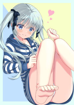 1girl bare_legs barefoot black_bow blue_background blue_eyes blush bow clenched_hands closed_mouth commentary_request eyes_visible_through_hair feet floating_hair foot_out_of_frame grey_hair hair_between_eyes hair_bow hands_up heart highres hood hood_down hoodie kiriyamaaoi knees_together_feet_apart knees_up legs long_hair long_sleeves looking_at_viewer original outside_border oversized_clothes panties simple_background sitting smile soles solo split_mouth striped_clothes striped_hoodie thighs toes twintails two-tone_background underwear very_long_hair white_panties yellow_background