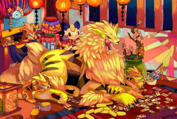 Rule 34 | animal, animal focus, arcanine, blonde hair, blue eyes, claws, darumaka, dog, evolutionary line, flower, flower pot, gen 1 pokemon, gen 5 pokemon, growlithe, licking, licking lips, lying, meowth, nintendo, open mouth, orange eyes, pokemon, pokemon (creature), qqqb, smile, teeth, tongue, tongue out, tree