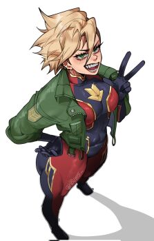 1girl alternate_costume animification blonde_hair blue_bodysuit bodysuit captain_marvel carol_danvers earrings from_above green_eyes green_jacket hand_on_own_hip highres jacket jewelry kbuuumm5 marvel multicolored_bodysuit open_clothes open_jacket short_hair solo superhero_costume two-tone_bodysuit v white_background