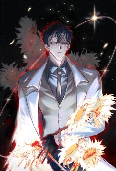 1boy :| black_eyes black_gloves black_hair blank_stare closed_mouth coat collared_shirt curtained_hair daisy_(flower) flower gloves grey_necktie heterochromia holding holding_flower male_focus necktie omniscient_reader&#039;s_viewpoint orbital_path outline popped_collar raya_(000_unseen) red_outline scar scar_across_eye scar_on_face secretive_plotter shirt short_hair sky solo sparkle star_(sky) starry_sky too_many_flowers vest white_coat white_shirt white_vest yellow_eyes yoo_joonghyuk