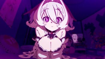 1girl all_fours animated bed bedroom bent_over blush bouncing_breasts breasts cleavage close-up half-closed_eyes highres large_breasts legs looking_at_viewer open_mouth purple_eyes richamu seductive_gaze seductive_smile smile solo tagme talking thighs video white_hair