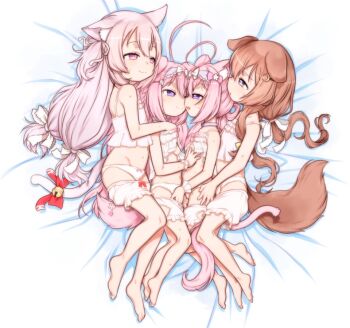 4girls animal_ear_fluff animal_ears azur_lane barefoot bell bloomers brown_hair camisole cat_ears cat_girl cat_tail commentary_request commission dog_ears dog_girl dog_tail dual_persona face-to-face fumizuki_(azur_lane) hug indie_virtual_youtuber jingle_bell kisaragi_(azur_lane) kodomo_doushi legs loli long_hair low_twintails lying multiple_girls navel on_side panties pink_eyes pink_hair ribbon skeb_commission smile tail tail_ornament tail_ribbon teruki_kuma twintails underwear underwear_only usaki_nono white_bloomers white_camisole white_panties yuri