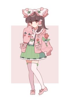 1girl alternate_costume blush bow brown_eyes brown_hair collared_shirt commentary_request flower frilled_bow frills green_skirt hair_bow hair_tubes hakurei_reimu highres iwakoo jacket knees_together_feet_apart long_hair long_sleeves looking_at_viewer open_clothes open_jacket pigeon-toed pink_bow pink_flower pink_jacket pink_shoes pink_tulip puffy_long_sleeves puffy_sleeves red_flower red_tulip shirt shoes skirt sleeves_past_fingers sleeves_past_wrists thighhighs touhou tulip white_shirt white_thighhighs