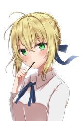 Rule 34 | 1girl, ahoge, artoria pendragon (all), artoria pendragon (fate), blonde hair, blue ribbon, blush, closed mouth, collared shirt, commentary request, fate/stay night, fate (series), food, food in mouth, green eyes, hair between eyes, hair bun, hair ribbon, hand up, highres, holding, holding food, holding pocky, long sleeves, looking at viewer, medium hair, neck ribbon, pocky, pocky in mouth, ribbon, saber (fate), shirt, simple background, single hair bun, solo, szl, upper body, white background, white shirt