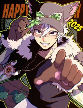 1boy 2025 adjusting_clothes adjusting_headwear alternate_costume animal_hat black_shirt english_text fur-trimmed_jacket fur_trim grey_hair grey_jacket hair_between_eyes hat highres jacket kimetsu_no_yaiba looking_at_viewer male_focus open_clothes open_jacket pants paru_oimo purple_eyes shinazugawa_sanemi shirt short_hair solo twitter_username white_hair white_pants
