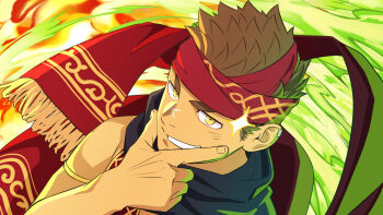 another_eidos-r armlet blue_scarf brown_hair earrings finger_to_own_chin gold_armlet green_light grin headband itto_(mentaiko) jewelry looking_at_viewer male_focus portrait red_headband rook_(another_eidos-r) scar scar_on_face scar_on_nose scarf single_bare_shoulder single_earring smile smug sparkle spiked_hair thick_eyebrows yellow_eyes