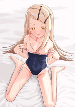 1girl absurdres bed_sheet blonde_hair blue_one-piece_swimsuit blush breasts clothes_pull collarbone colored_eyelashes commentary_request covered_navel covered_pussy flipped_hair full_body gakuen_idolmaster gradient_hair grey_hair hair_ornament hairclip hands_up highleg highleg_one-piece_swimsuit highres idolmaster kinako_mochi long_hair looking_at_viewer multicolored_hair one-piece_swimsuit one-piece_swimsuit_pull open_mouth orange_eyes parallel_hairclips pulling_own_clothes shinosawa_hiro sitting small_breasts smile solo swept_bangs swimsuit wariza