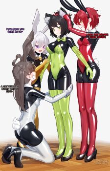 animal_costume animal_ears bdsm black_hair bodysuit bow bowtie brown_hair fake_animal_ears gloves green_eyes high_heels latex latex_bodysuit latex_gloves latex_leotard latex_thighhighs leotard living_clothes long_hair maguro27 mary_janes multiple_girls purple_eyes rabbit_costume rabbit_ears red_hair shoes short_hair thighhighs white_hair yellow_eyes