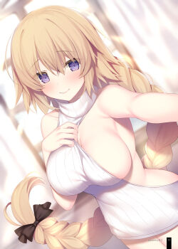 1girl absurdres bare_shoulders black_ribbon blonde_hair blue_eyes blush braid breasts cleavage fate/apocrypha fate_(series) hair_ribbon highres jeanne_d'arc_(fate) jeanne_d'arc_(ruler)_(fate) large_breasts long_braid long_hair miko_(royal_milk) non-web_source pulling ribbon smile solo very_long_hair virgin_killer_sweater window