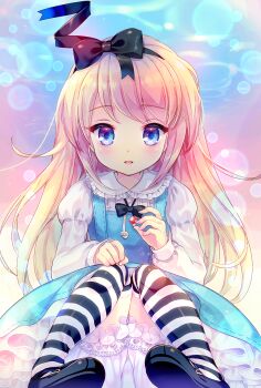 Rule 34 | 1girl, alice's adventures in wonderland, alice (alice in wonderland), amo (shibu3), aqua dress, blonde hair, bloomers, blue eyes, dress, frilled dress, frills, hand up, highres, long hair, long sleeves, looking at viewer, parted lips, puffy long sleeves, puffy sleeves, shirt, sitting, smile, solo, striped clothes, striped thighhighs, swept bangs, thighhighs, underwear, white bloomers, white shirt