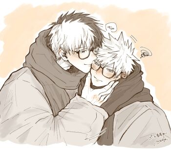 2boys bakugou_katsuki bespectacled blush boku_no_hero_academia closed_mouth coat commentary_request glasses hand_on_another&#039;s_face highres kiss long_sleeves looking_to_the_side male_focus multicolored_hair multiple_boys pokapoka_el scarf short_hair signature smile spiked_hair split-color_hair squiggle todoroki_shoto upper_body yaoi