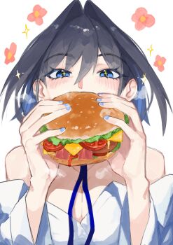 1girl absurdres arm_up blue_eyes blue_hair blue_nails breasts burger cleavage excited flower food highres holding holding_food hololive hololive_english hunk_404 large_breasts ouro_kronii pink_flower simple_background solo solo_focus star_(symbol) star_in_eye symbol_in_eye upper_body virtual_youtuber white_background