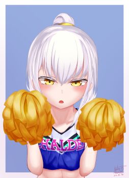 1girl absurdres bare_shoulders blue_shirt blush breasts cheerleader commentary_request cropped_shirt fate/grand_order fate_(series) forked_eyebrows high_ponytail highres long_hair looking_at_viewer melusine_(fate) open_mouth pom_pom_(cheerleading) ponytail shirt sidelocks sleeveless sleeveless_shirt small_breasts tutuuraura88 white_hair yellow_eyes