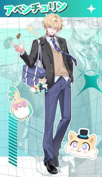 Rule 34 | 1boy, absurdres, alternate costume, aqua theme, aventurine (honkai: star rail), aventurine (origami bird) (honkai: star rail), bag, belt, black belt, black choker, black jacket, black shoes, blonde hair, blue necktie, blue pants, brown vest, character name, choker, coin, coin flip, commentary, dd bsd, full body, half-closed eye, hand in pocket, highres, honkai: star rail, honkai (series), jacket, long sleeves, male focus, necktie, one eye closed, open clothes, open jacket, outline, pants, school bag, school uniform, shirt, shoes, short hair, solo, sparkle, standing, striped clothes, striped necktie, stuffed toy, tongue, tongue out, untranslatable commentary, vest, white outline, white shirt