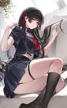 1girl absurdres black_choker black_hair black_panties black_serafuku black_shirt black_skirt black_socks blush breasts chisa_(wuthering_waves) choker commentary hair_ribbon hashtag-only_commentary highres indoors long_hair looking_at_viewer medium_breasts neckerchief panties panty_peek parted_lips red_eyes red_neckerchief red_ribbon ribbon sabotensuteeki sailor_collar school_uniform serafuku shirt short_sleeves sitting skirt socks solo tacet_mark_(wuthering_waves) thigh_strap thighs underwear very_long_hair white_sailor_collar wuthering_waves