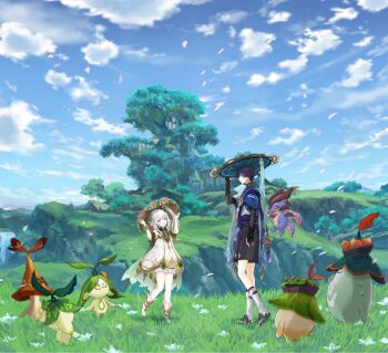 1boy 1girl animal_print anklet aranara_(genshin_impact) arm_at_side armlet armor belt bird_print black_belt black_bodysuit black_bridal_gauntlets black_eyes black_sandals black_shorts bloomers blue_cape blue_flower blue_gemstone blue_hat blue_sky blue_sleeves blunt_ends bodysuit bracelet bridal_gauntlets bridal_legwear bright_pupils brown_hat cape clenched_hand clothing_cutout cloud cloudy_sky cross-shaped_pupils detached_sleeves dragon dress falling_petals feathers floating flower food fruit furisode gem genshin_impact gold grass green_cape green_eyes green_hair green_sleeves hair_between_eyes hair_ornament hakama hakama_shorts half_crown_braid hand_up hands_up happy hat hat_flower height_difference highres hip_vent ise3077 japanese_armor japanese_clothes jewelry jingasa kimono kote kurokote layered_sleeves leaf leaf_hair_ornament leg_warmers levitation long_hair looking_at_another mandarin_collar middle_ring mini_durin_(dragon)_(genshin_impact) mini_durin_(genshin_impact) multicolored_hair nahida_(genshin_impact) open_hands open_mouth outdoors petals pink_flower pink_petals pleated_shorts pointy_ears pom_pom_(clothes) purple_hair purple_rope purple_sash rope sandals sash scaramouche_(genshin_impact) short_sleeves shorts side_ponytail sidelocks sky small_dragon smile socks stirrup_footwear stirrup_legwear streaked_hair sumeru_city symbol-shaped_pupils tassel toeless_legwear toes tree tsurime underwear wanderer_(genshin_impact) water waterfall white_bloomers white_dress white_flower white_hair white_kimono white_leg_warmers white_pupils white_sleeves white_socks white_trim yellow_feathers zouri