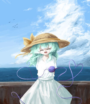 1girl alternate_costume arms_behind_back bird closed_eyes cloud cloudy_sky commentary_request cowboy_shot green_hair hair_between_eyes heripantomorrow komeiji_koishi looking_at_viewer ocean open_mouth outdoors shirt short_sleeves skirt skirt_set sky smile solo standing third_eye touhou white_shirt white_skirt