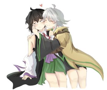 2others ^_^ ahoge androgynous annoyed ascot bare_legs bare_shoulders black_coat black_eyes black_hair black_shorts brown_ascot brown_coat cheek_press closed_eyes coat coattails collared_coat collared_shirt cropped_legs detached_sleeves enraku_tsubakura green_hakama grey_hair hair_between_eyes hakama hakama_short_skirt hakama_skirt happy heads_together heart highres houlen_yabusame hug invisible_chair japanese_clothes jinbei_(clothes) knees lapels layered_sleeves len&#039;en light_blush long_sleeves multiple_others neck_ribbon no_headwear notched_lapels other_focus other_with_other puffy_short_sleeves puffy_sleeves red_ribbon ribbon rolling_eyes shirt short_hair short_hair_with_long_locks short_over_long_sleeves short_sleeves shorts simple_background sitting skirt sleeveless sleeveless_coat sleeveless_shirt smile temshi white_background white_shirt white_sleeves wide_sleeves