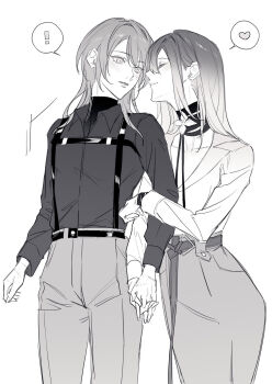 ! 2girls bandaged_neck bandaged_wrist bandages belt chest_belt chief_(path_to_nowhere) closed_eyes closed_mouth collarbone collared_shirt commentary_request cowboy_shot denim denim_skirt diamond_earrings dress_pants earrings eyelashes female_chief_(path_to_nowhere) gradient_hair greyscale hair_between_eyes happy heads_together heart high-waist_pants high-waist_skirt highres holding_another&#039;s_arm holding_hands interlocked_fingers jewelry lapels lips locked_arms long_hair long_skirt long_sleeves looking_at_another monochrome motion_lines multicolored_hair multiple_belts multiple_girls neck_flower neck_ribbon notched_lapels pants parted_lips path_to_nowhere pocket pointy_nose ribbon shalom_(path_to_nowhere) shirt sidelocks simple_background single_earring skirt smile spoken_exclamation_mark spoken_heart standing surprised toho10min turtleneck turtleneck_shirt undershirt v-neck white_background yuri