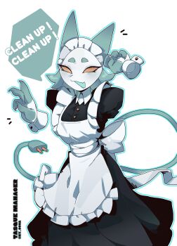 1girl absurdres alternate_costume animal_ears apron back_bow black_dress blue_hair blue_outline bow cable cable_tail cat_ears cat_girl character_name colored_skin commentary cowboy_shot deltarune dress electric_plug electric_plug_tail english_commentary english_text enmaided fingerless_gloves frilled_apron frilled_hairband frills furry furry_female gloves hairband highres maid maid_apron maid_headdress mechanical_tail notice_lines ny_000a outline rayman_limbs short_sleeves solo speech_bubble tail tasque_manager twitter_username utdr_(toby_fox) white_apron white_bow white_gloves white_hairband wing_collar yellow_eyes