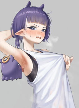 Rule 34 | 1girl, arm behind head, arm up, armpit focus, armpits, bakushin o armpit gif (meme), bare arms, black bra, blue eyes, blunt bangs, blush, bra, bra peek, commentary, ear blush, english commentary, grey background, heavy breathing, highres, hololive, hololive english, licking, licking armpit, meme, mole, mole on armpit, mole under eye, ninomae ina'nis, open mouth, pointy ears, ponytail, presenting armpit, purple hair, samukzz, short hair, short ponytail, simple background, solo, sweat, takodachi (ninomae ina'nis), tank top, teeth, underwear, upper teeth only, virtual youtuber, wavy mouth, white tank top