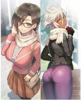 Rule 34 | 2girls, ass, bag, black gloves, black hair, can, dark-skinned female, dark skin, denim, drinking, female focus, gloves, green eyes, hair between eyes, handbag, hasegawa chisato, jeans, mole, mole under eye, multiple girls, novel illustration, official art, ookuma nekosuke, pants, pantylines, pleated skirt, scarf, shinmai maou no testament, short hair, skirt, standing, white hair, zest