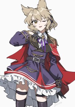 1girl alternate_costume artist_name black_gloves black_thighhighs blonde_hair cape coat collared_shirt commentary earmuffs epaulettes frilled_skirt frills fringe_trim gloves grey_background half_gloves highres long_sleeves looking_at_viewer medium_hair military_uniform neck_ribbon one_eye_closed open_mouth pointy_hair purple_coat purple_ribbon red_cape red_skirt ribbon shirt simple_background skirt smile solo thigh_strap thighhighs touhou touhou_lostword toyosatomimi_no_miko toyosatomimi_no_miko_(stable_door_prince's_harmony) uehara_suiyo white_shirt yellow_eyes