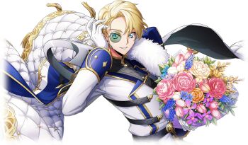 1boy black_gloves blonde_hair blue_eyes cape closed_mouth code_geass code_geass:_lost_stories code_geass_(manga) cropped_torso f4samurai forehead game_cg gloves gold_trim hand_up happy highres jacket long_sleeves looking_at_viewer male_focus military_uniform official_art schnee_hexenhaus serious shirt short_hair side_cape solo standing transparent_background upper_body v-shaped_eyebrows white_cape white_jacket white_shirt