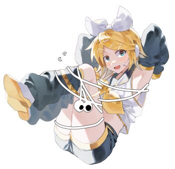 1girl :d armpits arms_up black_leg_warmers black_sailor_collar black_shorts black_sleeves blonde_hair blue_eyes blush bound bow_hairband crop_top detached_sleeves earbuds earphones feet_up flying_sweatdrops full_body hair_ornament hairband hairclip hashtag-only_commentary headset highres kagamine_rin knees_up leg_warmers looking_at_viewer midriff neckerchief nervous_smile open_mouth sailor_collar samsap shirt shoes short_hair shorts simple_background sitting sleeveless sleeveless_shirt sleeves_past_fingers sleeves_past_wrists smile solo sweat tied_up_(nonsexual) vocaloid white_background white_hairband white_shirt white_shoes yellow_neckerchief