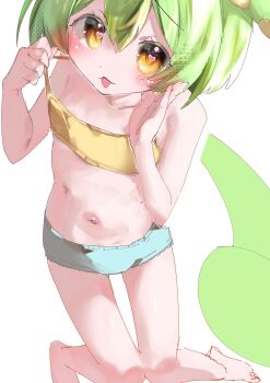 1girl barefoot blush breasts grey_hair heart heart_in_eye highres loli navel nipple_slip nipples off_shoulder short_hair shorts small_breasts symbol_in_eye thighs tongue tongue_out voiceroid voicevox yellow_eyes zundamon