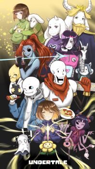0_0 2others 3girls 5boys \m/ ^_^ absurdres alphys android asgore_dreemurr asriel_dreemurr asymmetrical_bangs bare_shoulders beard black-framed_eyewear black_background black_gloves black_hair black_pants black_shorts black_sleeves black_tank_top blonde_hair blue_jacket blue_pupils blue_skin blue_sweater blush boots bottle bow brothers brown_boots brown_hair cape chara_(undertale) child clipboard closed_eyes colored_sclera colored_skin copyright_name crown cup delta_rune_(symbol) dog donut dot_nose double_bun dress everyone expressionless extra_arms extra_eyes eyeliner eyepatch facial_hair fingerless_gloves fins flower flowey_(undertale) food frisk_(undertale) furry furry_female furry_male ghost glasses gloves goat_horns green_eyes green_sweater grey_hood grin hair_bow hair_bun hair_over_one_eye hand_in_pocket hand_on_own_chest happy head_fins headphones heart heart_necklace highres holding holding_bottle holding_clipboard holding_cup holding_food holding_microphone holding_teapot hollow_eyes hood hood_down hooded_jacket horizontal_pupils horns hug hug_from_behind jacket jewelry ketchup_bottle lab_coat layered_sleeves light_blush light_rays long_sleeves makeup mettaton microphone monster_boy monster_girl muffet multiple_boys multiple_girls multiple_others mustache napstablook necklace nostrils one_eye_closed open_clothes open_jacket open_mouth pants papyrus_(undertale) petals pink_eyes pointing pointing_at_self ponytail poster_(medium) puffy_long_sleeves puffy_short_sleeves puffy_sleeves purple_cape purple_dress red_bow red_eyeliner red_eyes red_gloves red_hair red_scarf reptile_girl sans_(undertale) save_point scarf shirt short_hair short_over_long_sleeves short_sleeves shorts siblings single_stripe skeleton sleeveless sleeveless_dress small_horns smile snout sweater tank_top teacup teapot temmie toriel torn_clothes torn_scarf turtleneck turtleneck_dress turtleneck_sweater undertale undyne utdr_(toby_fox) veronica607 white_horns white_shirt yellow_crown yellow_flower yellow_sclera