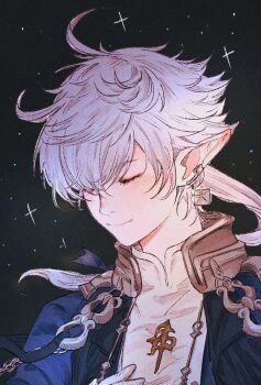 1boy alphinaud_leveilleur blue_jacket closed_eyes earrings elezen elf final_fantasy final_fantasy_xiv highres hutaba_0718 jacket jewelry long_hair male_focus pointy_ears ponytail portrait shirt smile solo white_hair white_shirt