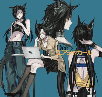 1girl absurdres air_shakur_(umamusume) alternate_costume animal_ears arm_at_side arm_up at_computer bare_arms bare_shoulders bespectacled black_hair black_nails black_tank_top blue_background bracelet breasts buttons computer cross cross_necklace crossed_legs ear_ornament facing_another feet_out_of_frame fingernails foot_out_of_frame from_behind glasses green_pants hand_up highres horse_ears horse_girl horse_tail invisible_chair jewelry laptop latin_cross leaning_forward long_hair long_sleeves midriff miniskirt multiple_views nail_polish navel necklace pale_skin pants parted_lips semi-rimless_eyewear shirt shoes simple_background sitting skirt small_breasts socks spiked_bracelet spikes standing stomach tail tank_top tomboy toned toned_female twintails umamusume under-rim_eyewear upper_body very_long_hair y_(coe239) yellow_eyes