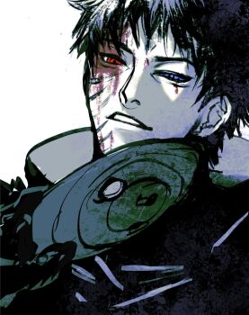 1boy commentary_request heterochromia highres holding holding_mask male_focus mask momoyoru1 naruto_(series) naruto_shippuuden parted_lips purple_eyes red_eyes rinnegan scar scar_on_face sharingan short_hair simple_background solo teeth uchiha_obito unworn_mask white_background