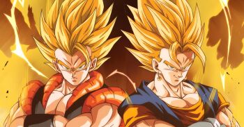 2boys aura black_vest blonde_hair blue_shirt catdestroyer crossed_arms dragon_ball dragonball_z earrings gloves gogeta green_eyes highres jewelry male_focus medium_hair multiple_boys muscular muscular_male no_shirt orange_shirt potara_earrings shirt smirk spiked_hair super_saiyan super_saiyan_1 upper_body vegetto vest white_gloves