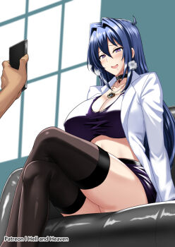 1boy 1girl black_gloves black_skirt black_sports_bra black_thighhighs blue_hair blush breasts breath chair closed_mouth coach collarbone crossed_legs gloves heart heart-shaped_pupils hellandheaven indoors jewelry large_breasts long_hair looking_at_viewer maken-ki! miniskirt nijou_aki on_chair open_clothes open_shirt parted_lips pendant saliva shirt sitting skirt smile solo_focus sports_bra symbol-shaped_pupils thighhighs virtual_youtuber white_shirt