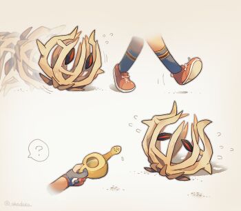 ? afterimage akadako blue_socks bramblin commentary_request flying_sweatdrops following juliana_(pokemon) nervous nintendo pokemon pokemon_(creature) pokemon_sv red_eyes red_shoes shoes sneakers socks speech_bubble spoken_question_mark walking watering_can