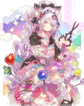 black_dress character_request commission copyright_request dress haku_(sabosoda) highres pink_hair scissors sitting skeb_commission stuffed_animal stuffed_toy teddy_bear