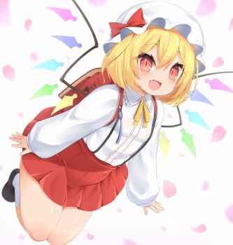1girl :d alternate_costume backpack bag black_shoes blonde_hair blush bow bowtie collared_shirt commentary_request crime_prevention_buzzer crystal_wings fang flandre_scarlet full_body harunoha hat hat_bow highres izayoi_sakuya jumping long_sleeves looking_at_viewer mob_cap multicolored_wings open_mouth pleated_skirt randoseru red_bag red_bow red_eyes red_skirt shirt shoes short_hair simple_background skirt smile socks solo touhou white_background white_hat white_shirt white_socks wings yellow_bow yellow_bowtie