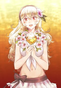 1girl bikini blonde_hair blush breasts female_corrin_(fire_emblem) female_corrin_(novice_vacationer)_(fire_emblem) female_focus fire_emblem fire_emblem_fates fire_emblem_heroes flower hair_between_eyes hair_ornament hairband highres lithety long_hair looking_at_viewer medium_breasts navel nintendo official_alternate_costume open_mouth pointy_ears red_eyes smile solo swimsuit