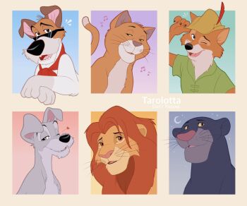 6+boys artist_name bagheera beamed_eighth_notes brown_eyes cat commentary_request crescent_moon disney dodger_(oliver_&amp;_company) dog fox furry furry_male half-closed_eye hat_tip highres lady_and_the_tramp leopard lion male_focus moon multiple_boys musical_note oliver_&amp;_company robin_hood_(disney_character) robin_hood_(disney_movie) simba sunglasses tarolotta the_aristocats the_jungle_book the_lion_king thomas_o&#039;malley tramp_(disney) whiskers
