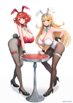 2girls absurdres alternate_breast_size_(larger) alternate_costume animal_ears bare_shoulders blonde_hair blush bob_cut bow bowtie breasts chest_jewel cleavage closed_mouth collar core_crystal_(xenoblade) detached_collar earrings fake_animal_ears floating_earrings full_body gem gonzarez headpiece high_heels highres huge_breasts jewelry large_breasts long_hair looking_at_viewer multiple_girls mythra_(xenoblade) open_mouth pantyhose playboy_bunny pyra_(xenoblade) rabbit_ears rabbit_tail red_bow red_bowtie red_eyes red_hair short_hair simple_background smile swept_bangs table tail tiara very_long_hair white_background white_bow white_bowtie wrist_cuffs xenoblade_chronicles_(series) xenoblade_chronicles_2 yellow_eyes