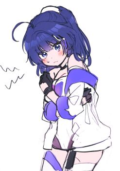 Rule 34 | 1girl, 5rwpvc, absurdres, ahoge, bare shoulders, blue eyes, blue hair, blush, bra strap, cowboy shot, highres, honkai (series), honkai impact 3rd, jacket, long sleeves, looking at viewer, medium hair, off shoulder, raiden mei, raiden mei (striker fulminata), simple background, solo, standing, white background, white jacket