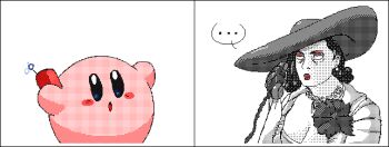 ... 1girl 1other alcina_dimitrescu animated animated_gif blue_eyes bouncing breasts cleavage crossover flipnote_studio_(medium) hat holding holding_phone jitome keke_(kokorokeke) kirby kirby_(series) large_breasts meme nintendo phone resident_evil resident_evil_village sanpaku simple_background spoken_ellipsis sun_hat talking_on_phone white_background