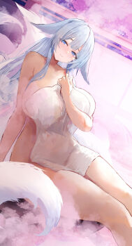 1girl absurdres alternate_costume animal_ears azur_lane blue_eyes blue_hair blush breasts closed_mouth commentary_request feet_out_of_frame fox_ears fox_girl fox_tail hair_between_eyes hand_up head_tilt highres huge_breasts long_hair long_sidelocks looking_at_viewer naked_towel onsen shinano_(azur_lane) sidelocks solo suo_bu_ye_feng tail towel wide_hips