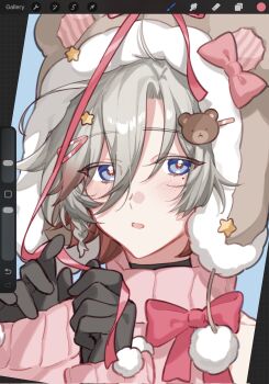 1boy alkalilyy animal_hat black_gloves blue_eyes commentary english_commentary genshin_impact gloves hair_ornament hairclip hat highres illuga_(genshin_impact) light_blush looking_at_viewer male_focus mole mole_under_eye open_mouth red_pupils ribbon solo star_(symbol) turtleneck