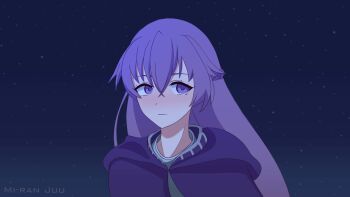 1girl animated animated_gif blinking blue_dress cape cloak commission commissioner_upload dress fire_emblem fire_emblem:_the_binding_blade gift hair_blowing highres long_hair looping_animation miranjuu nintendo portrait purple_hair signature solo sophia_(fire_emblem) star_(symbol) star_symbol_background