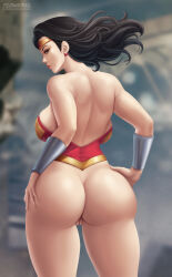 Rule 34 | 1girl, ass, back, black hair, bottomless, bracelet, breasts, curvy, dc comics, flowerxl, hands on own hips, huge ass, jewelry, justice league, large breasts, leotard, long hair, looking at viewer, no underwear (female), pussy, solo, thighs, toned female, watermark, web address, wonder woman