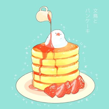 aqua_background bird caramel commentary_request food food_focus fruit highres java_sparrow miri_illust no_humans pancake plate simple_background strawberry translated white_java_sparrow